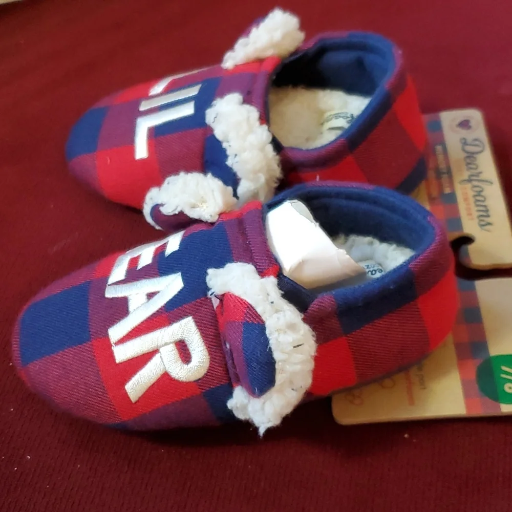 Toddler Boys Girls Dearfoams LIL BEAR Buffalo Check Slippers Size 7/8 Navy NWT